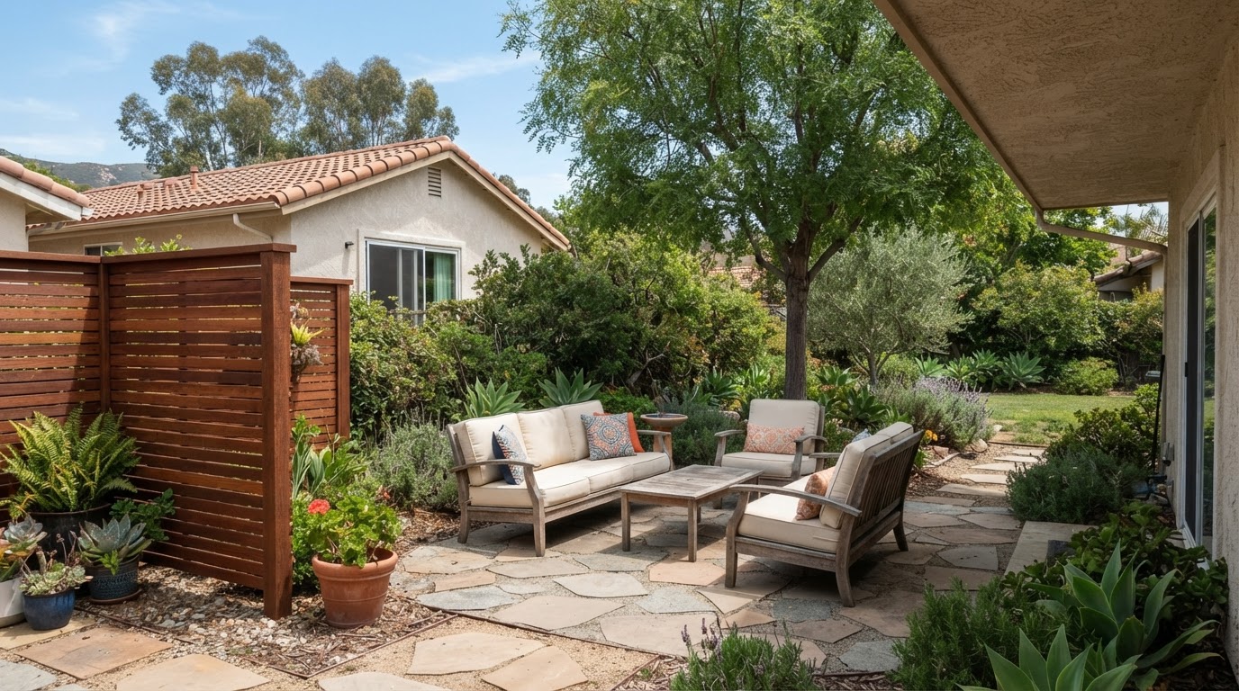 Residential backyard seating patio with layered shrubs, small trees and a wood privacy screen