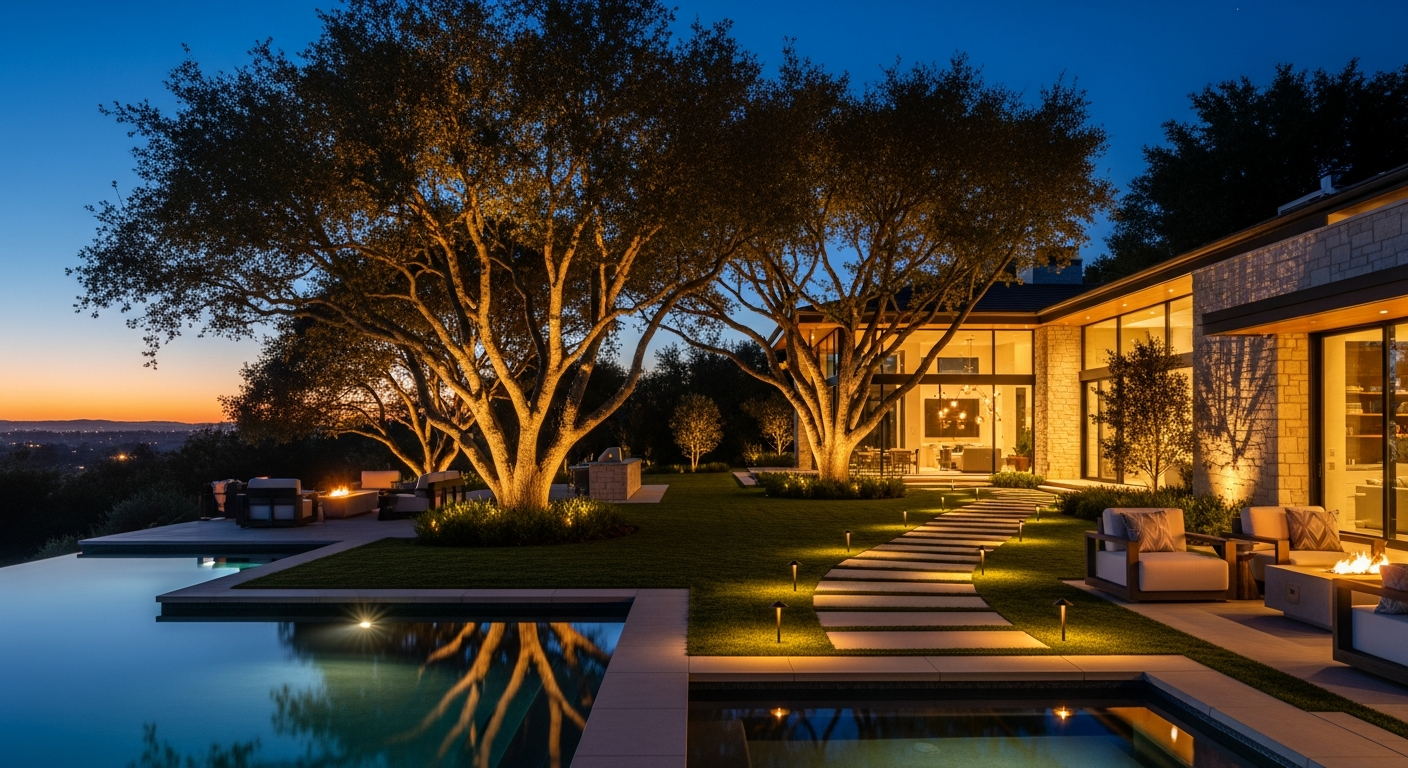 Landscape lighting illuminating a pathway and architectural features at a Camarillo residence