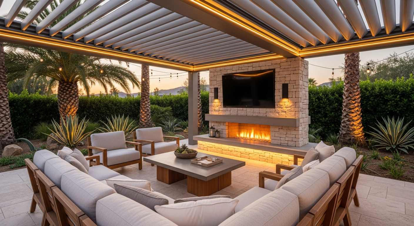 Outdoor entertainment space with seating area and fire feature at a Camarillo residence
