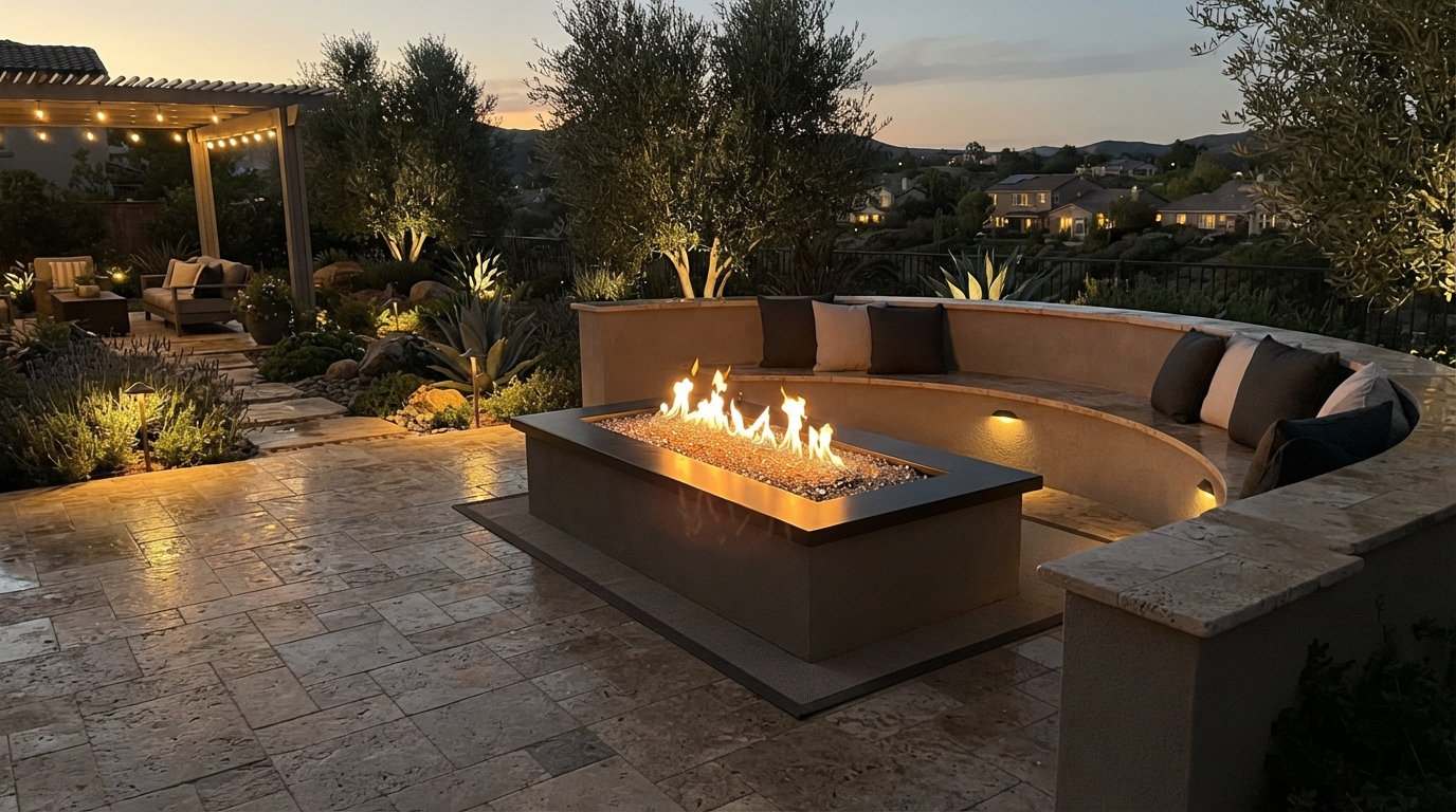Built-in gas fire pit with seating wall at a Ventura County backyard
