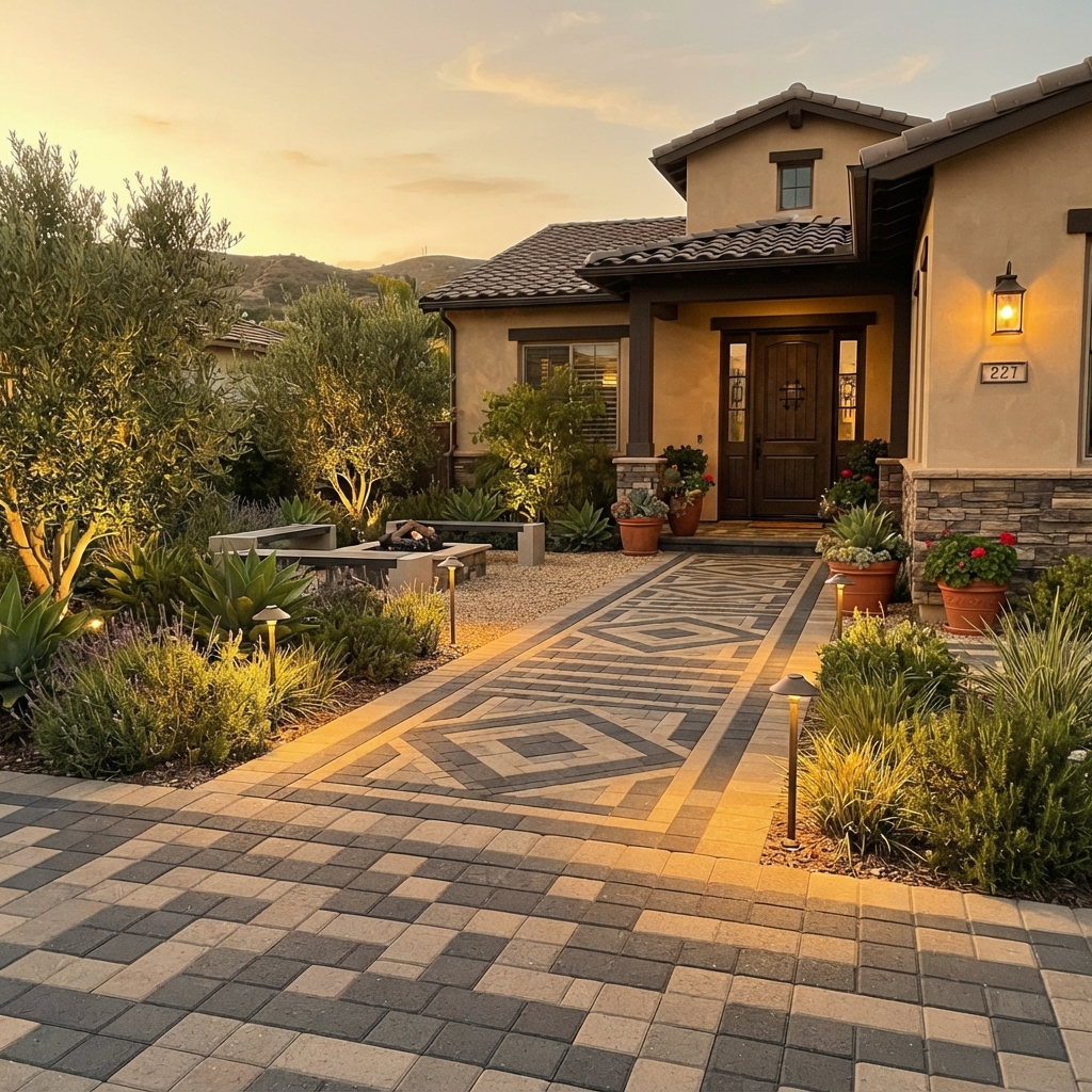Paver courtyard entry area with decorative patterns and landscape lighting at a Camarillo home