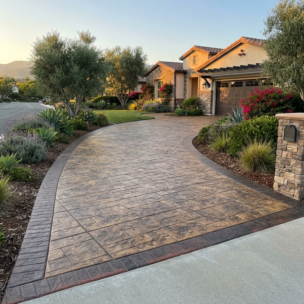 Stamped concrete driveway with stone-like texture and color border at a Camarillo property