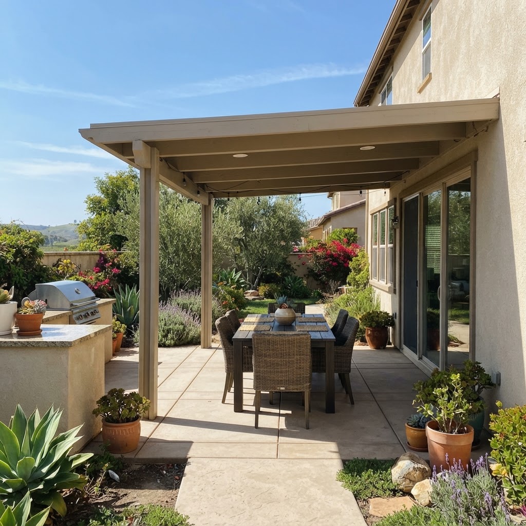 Solid patio cover attached to a home providing shade over an outdoor dining area in Camarillo