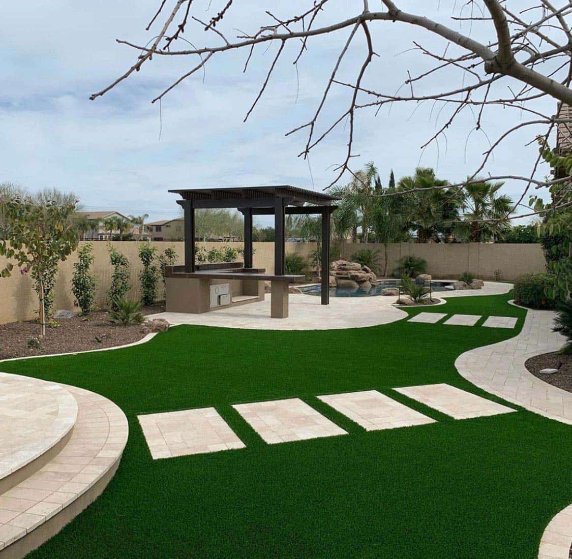 Travertine stone pool deck layout in Thousand Oaks luxury home