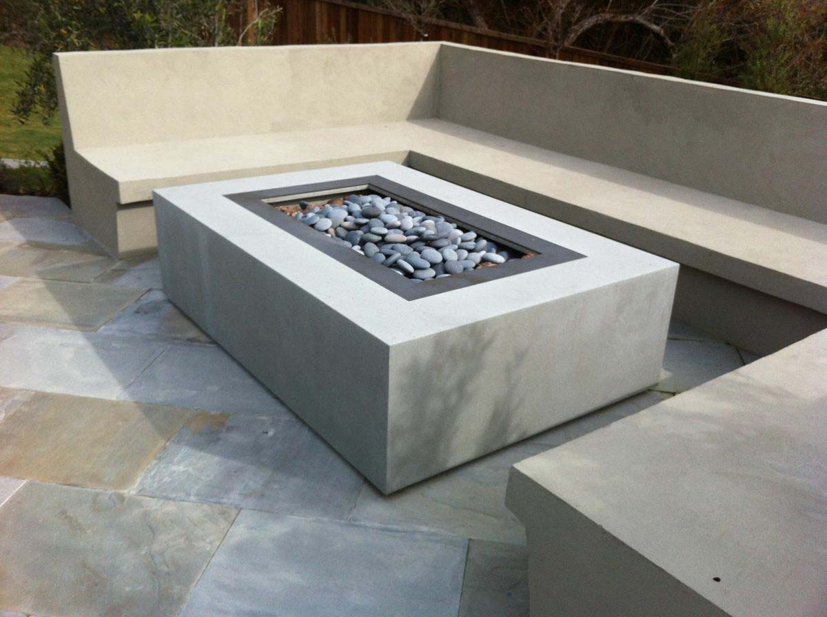 Rectangular modern gas fire pit with concrete finish in Bell Canyon