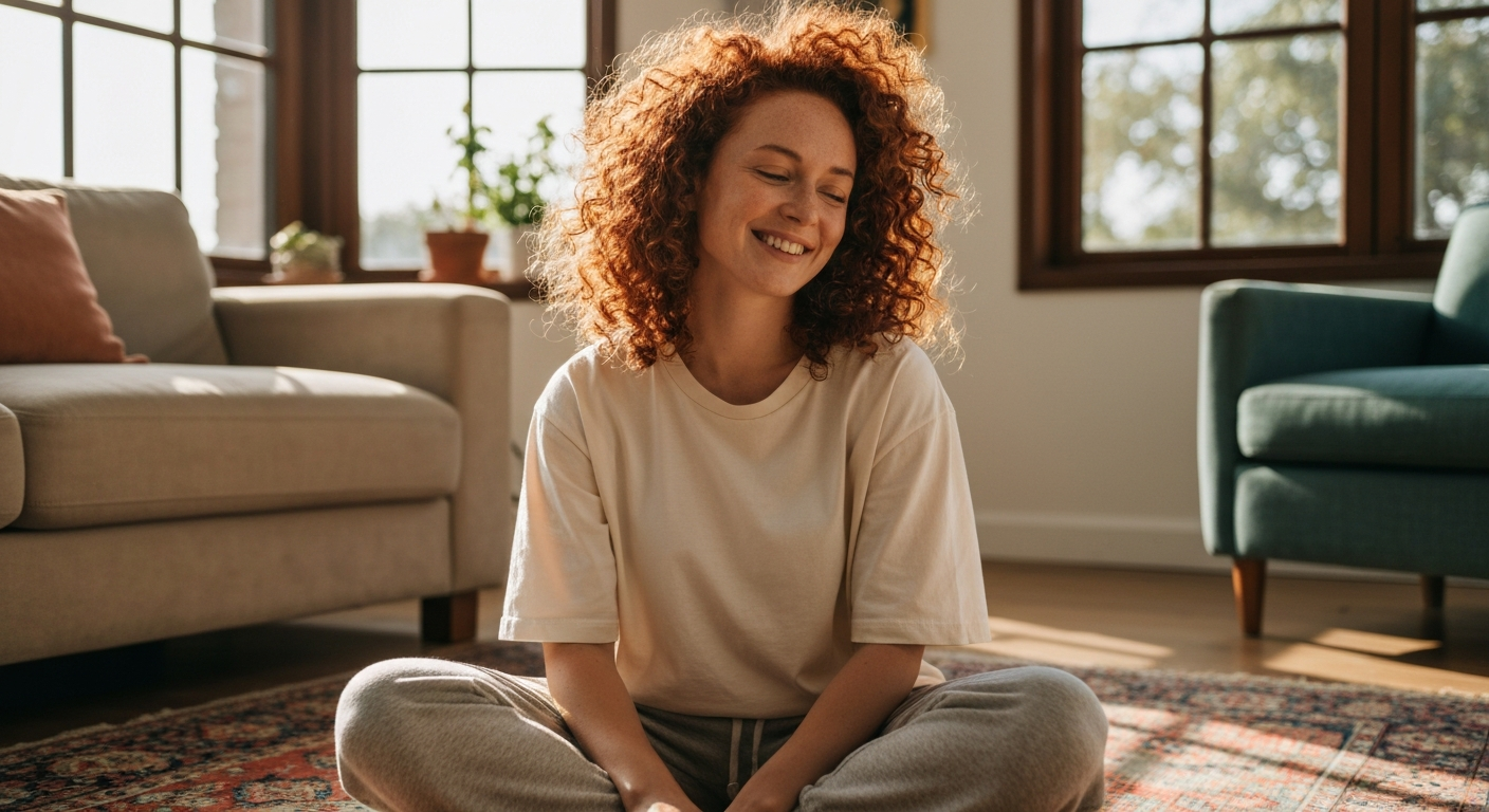 Person smiling and relaxed at home conveying genuine relief