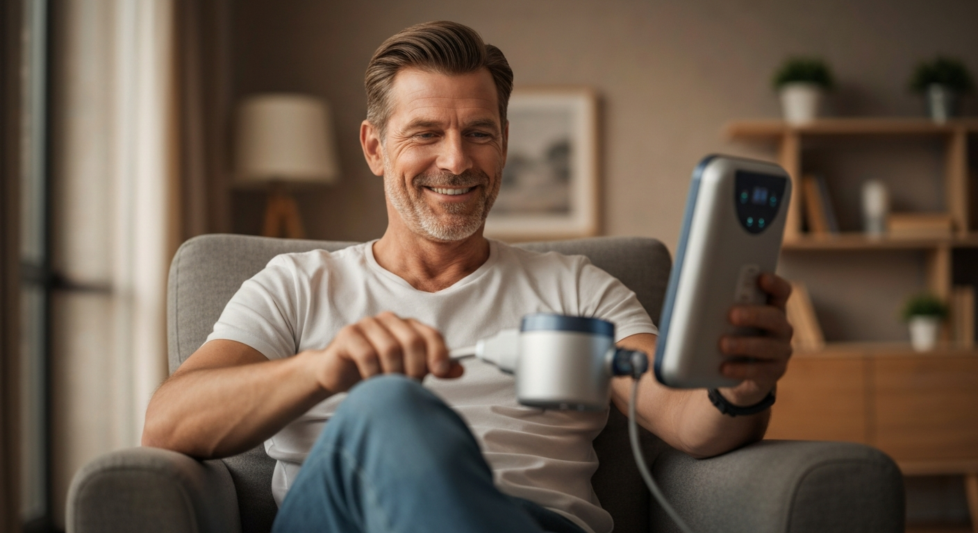Relaxed person at home trying Alpha-Stim