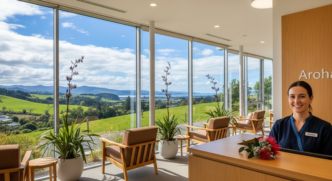 Warm clinic setting with New Zealand identity