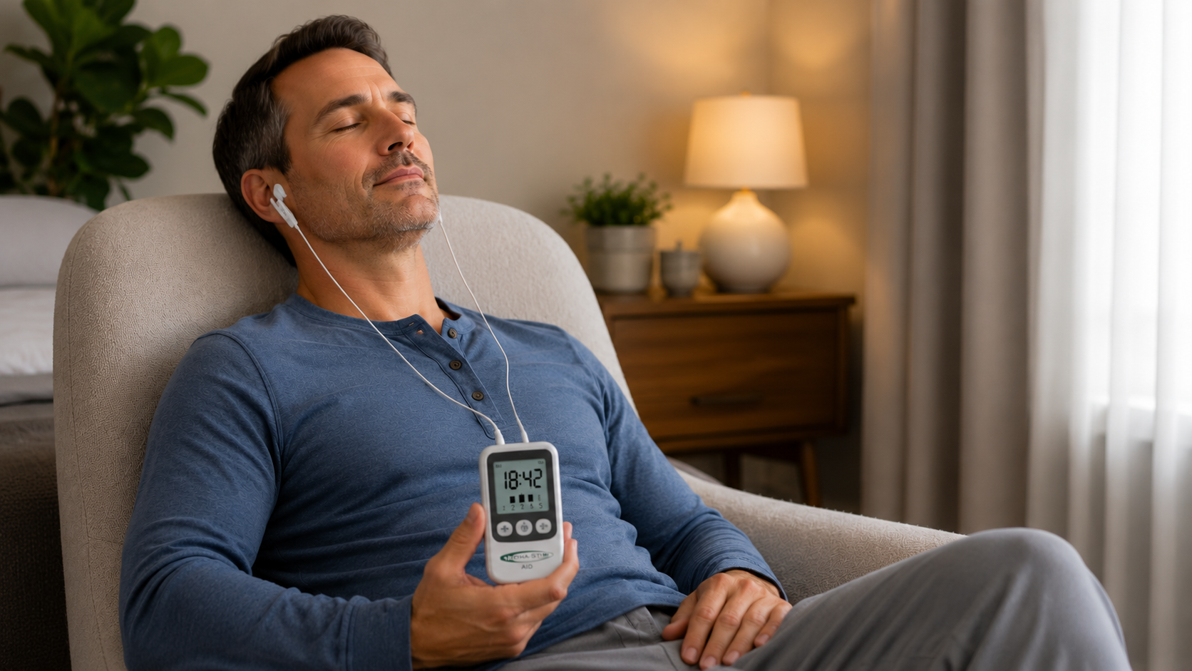 Person using Alpha-Stim for sleep relief
