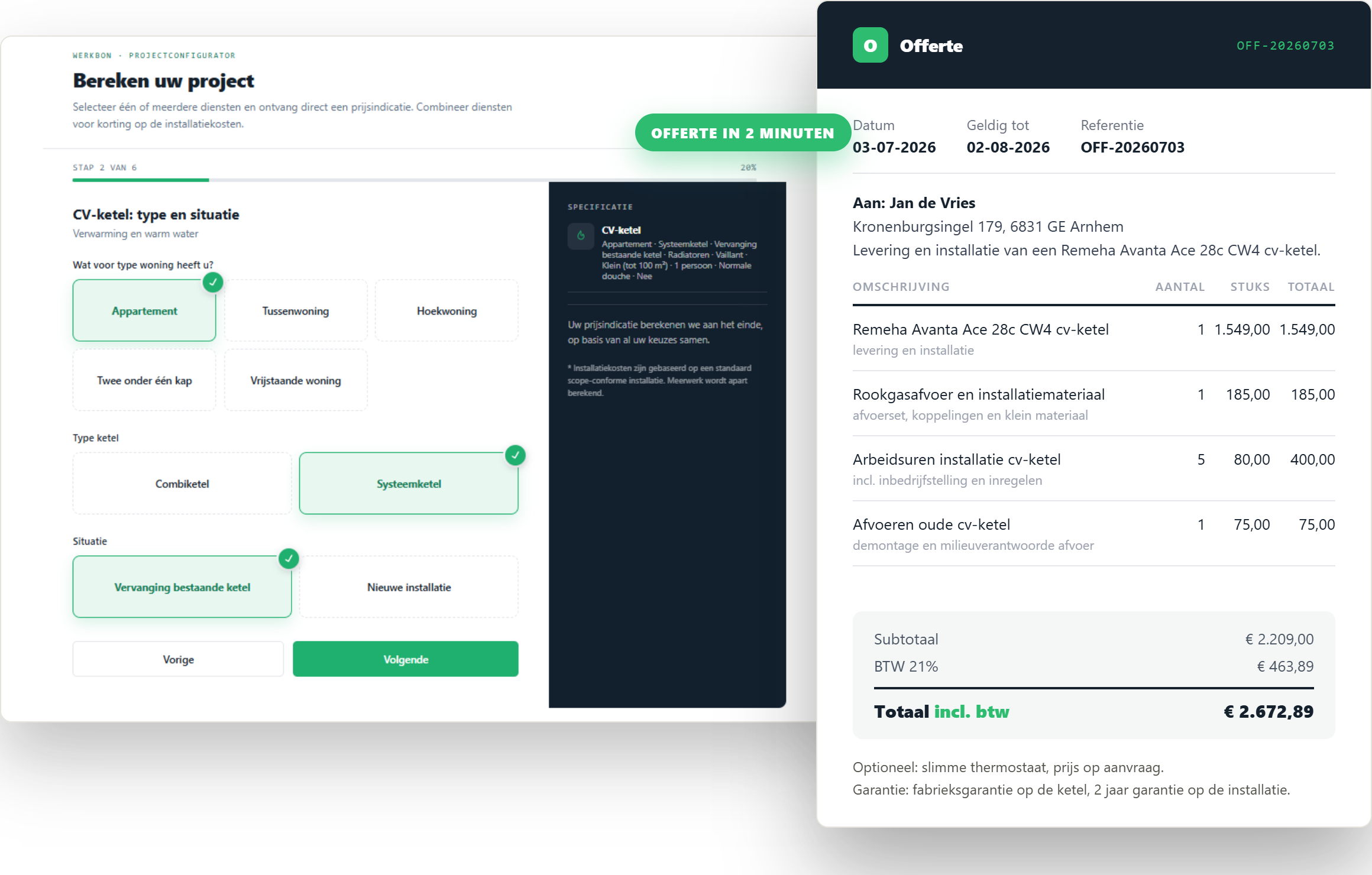 Offerte scherm uit het systeem