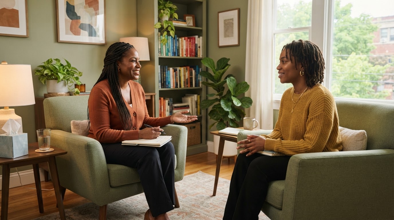 Individual counseling session with Black woman therapist and client