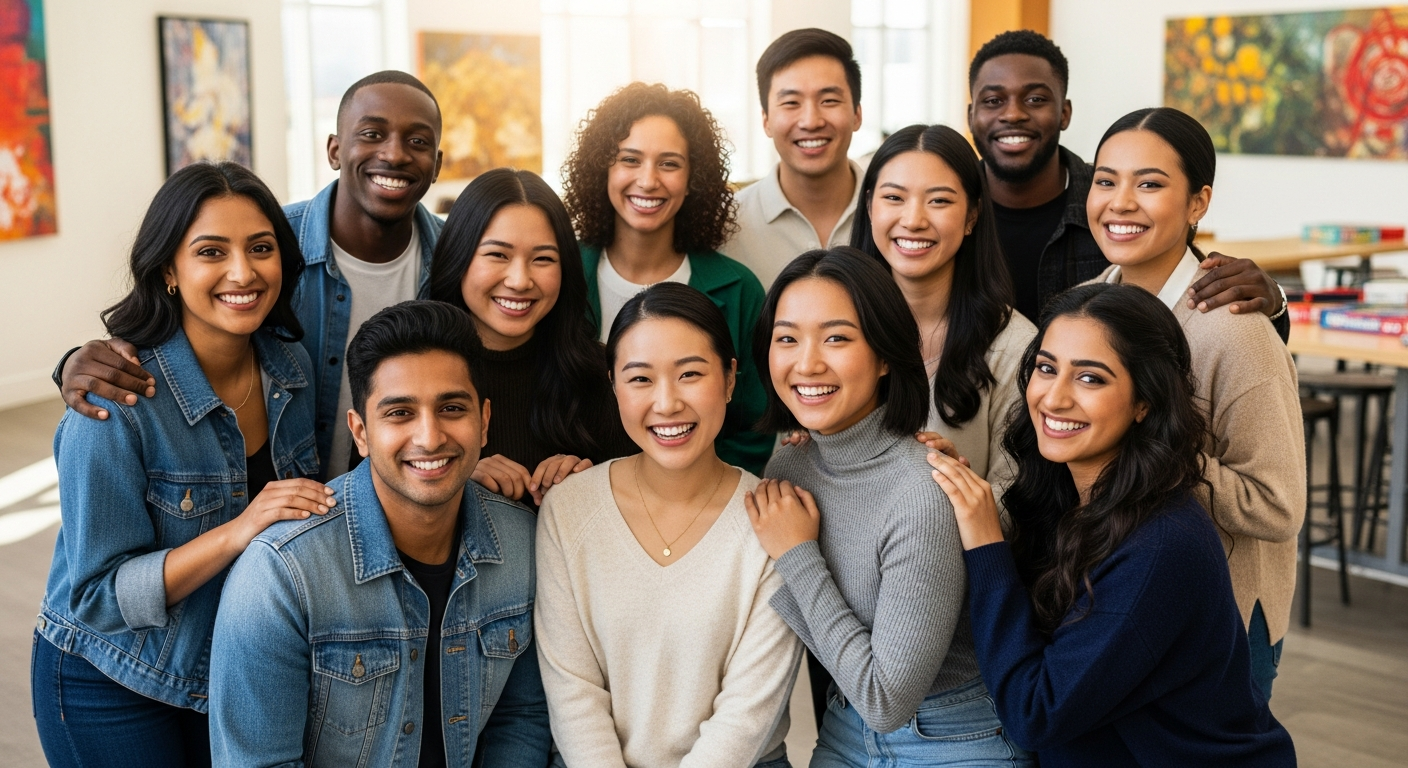 Diverse group of minority young adults smiling and happy