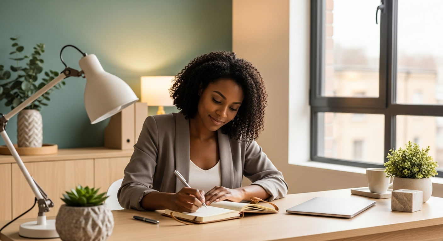 Black woman writing and reflecting