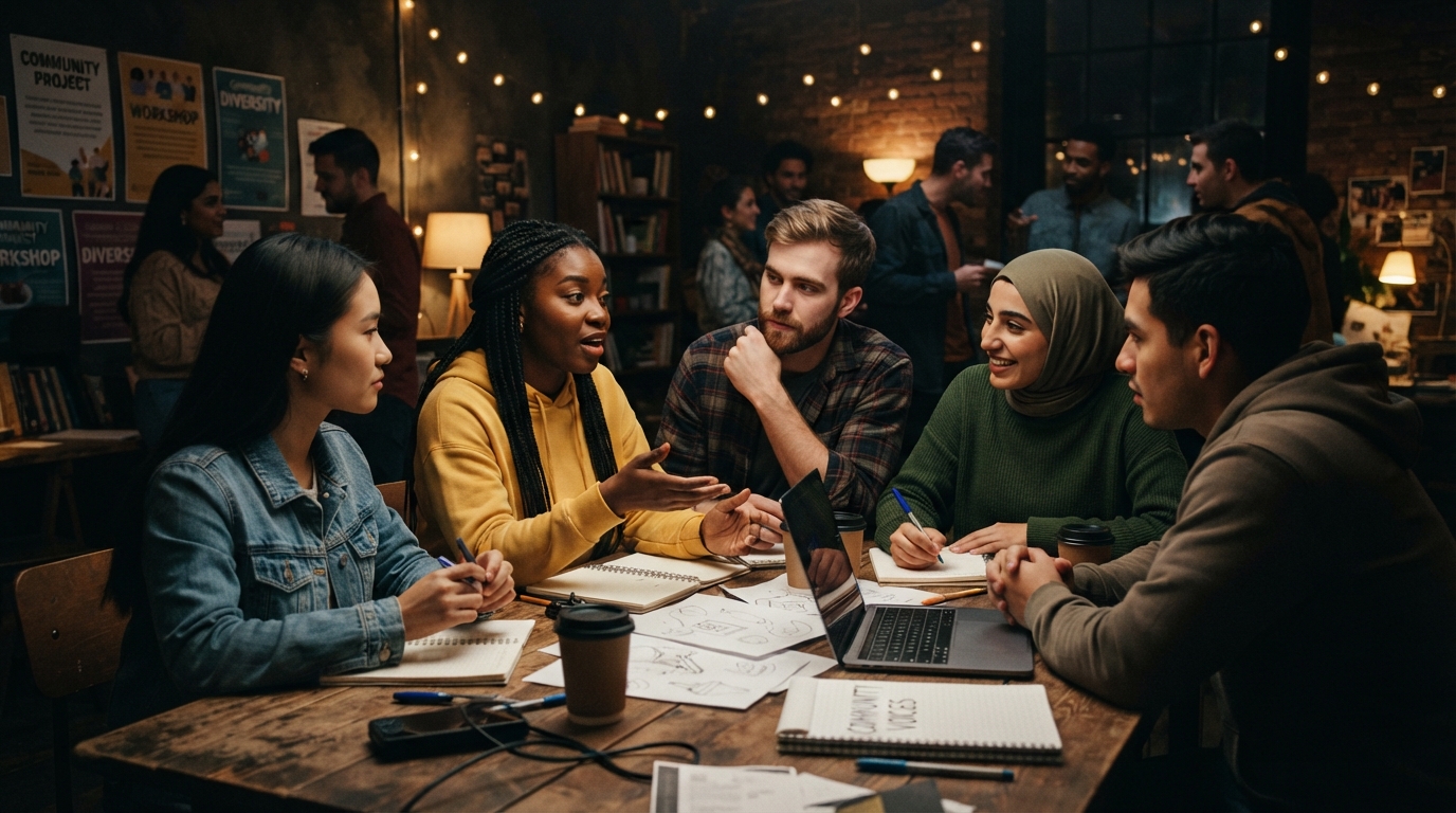 Diverse young adults collaborating in a community center