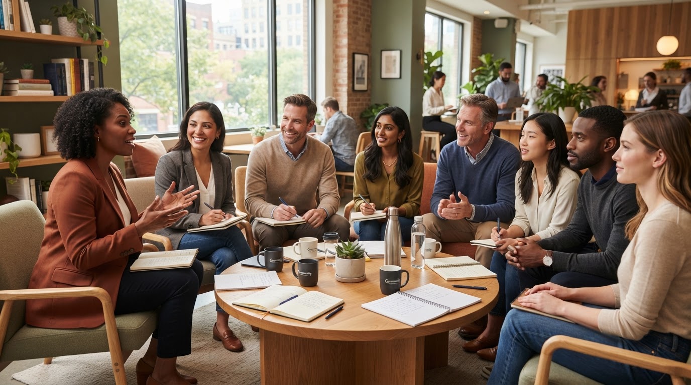 Group coaching session with diverse professionals