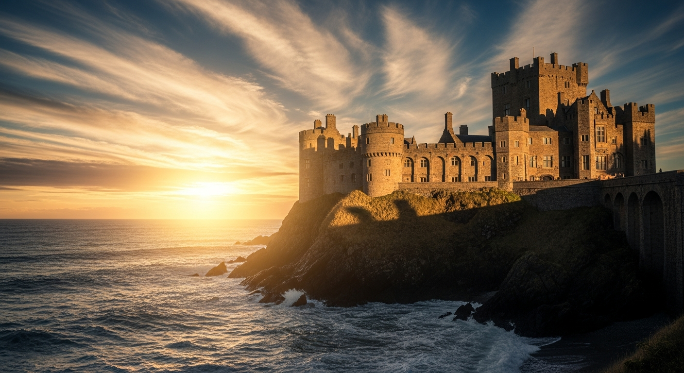 Ashford Castle overlooking the ocean at sunset
