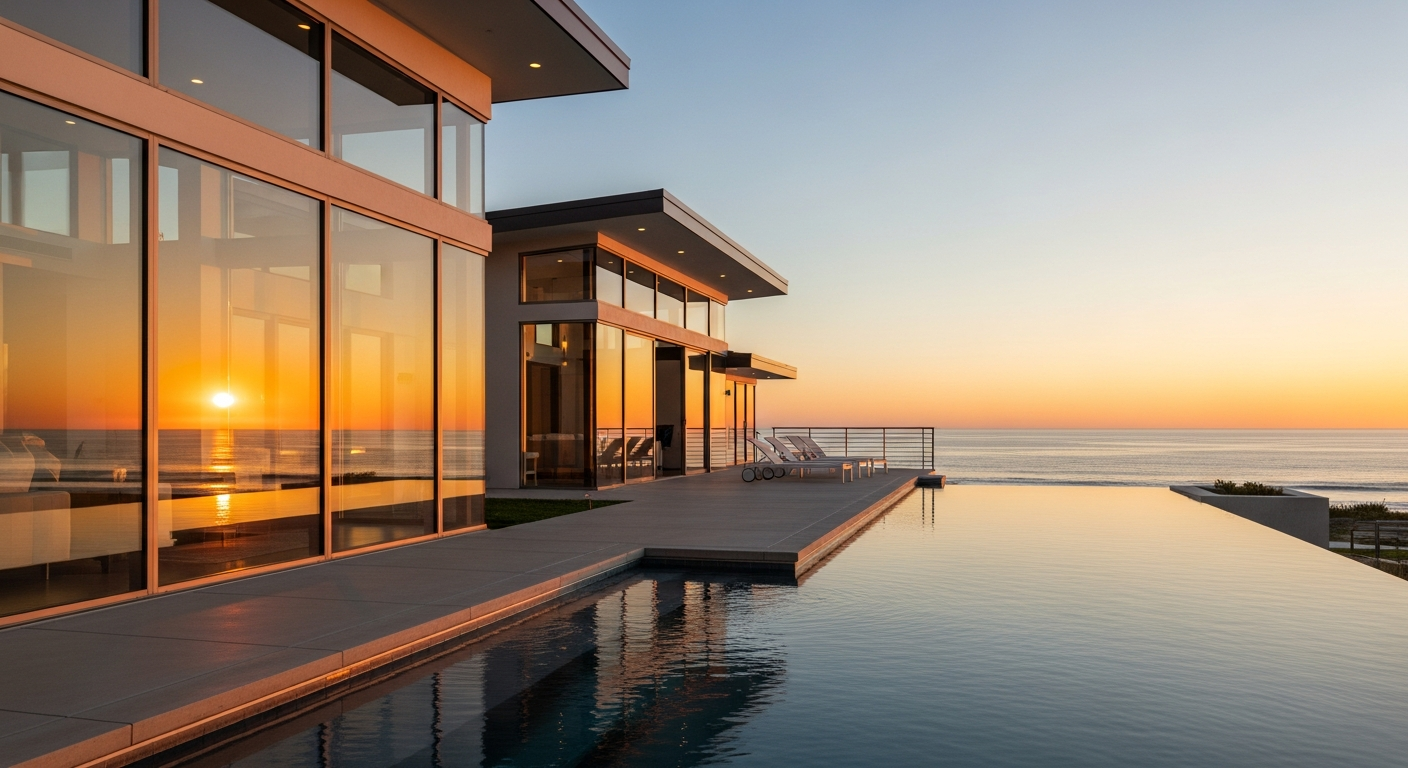Luxury beachfront vacation rental property at golden hour