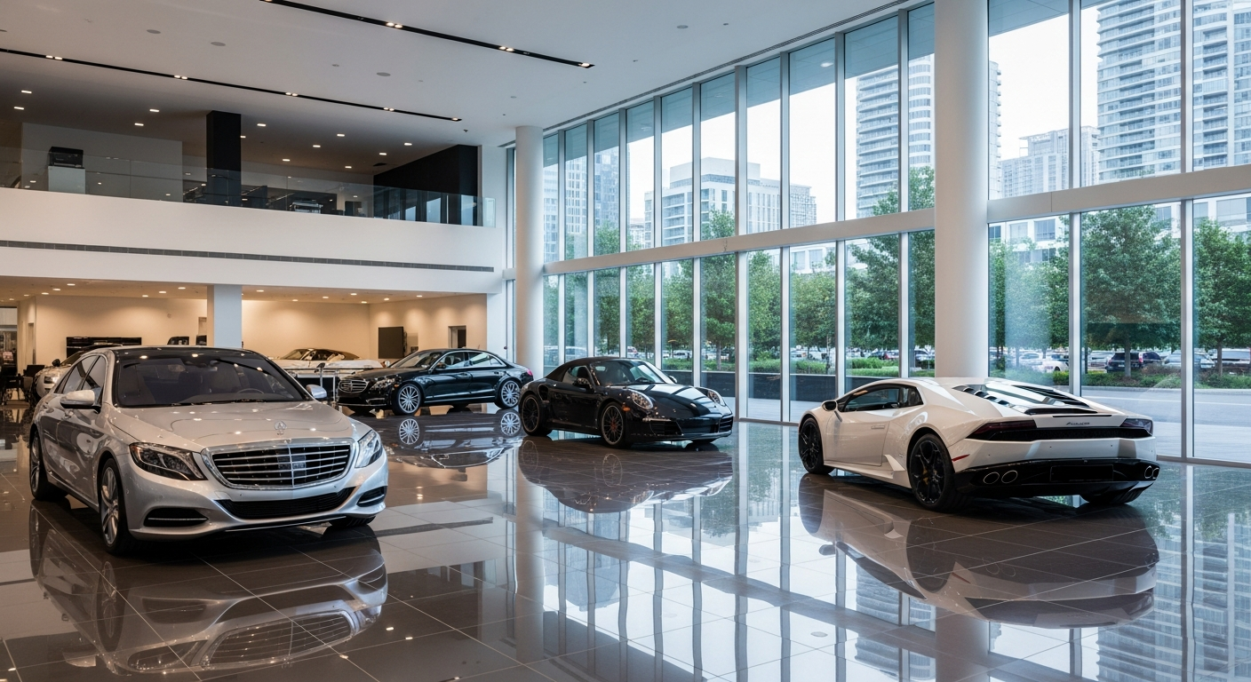 Luxury car dealership showroom with gleaming polished floors