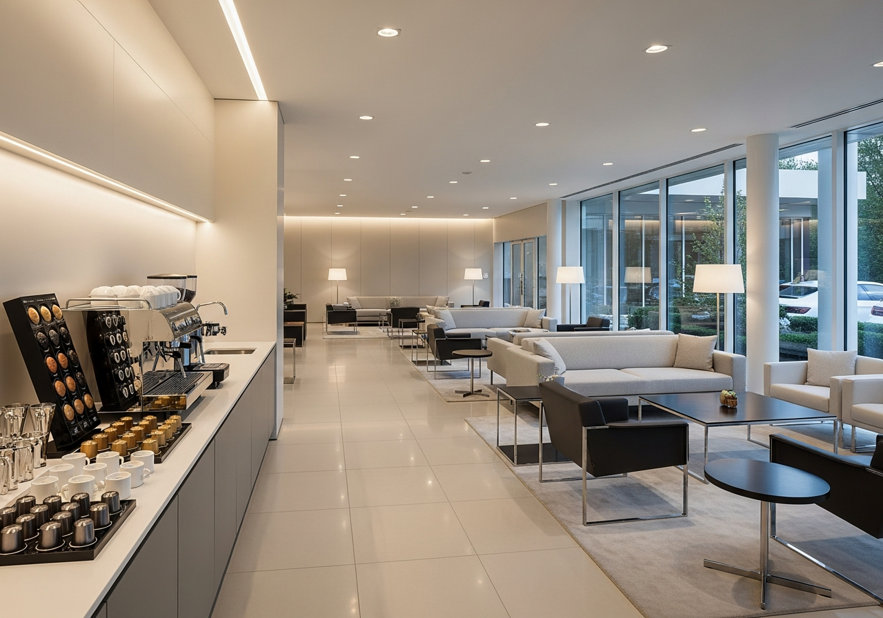 Pristine luxury car dealership customer lounge