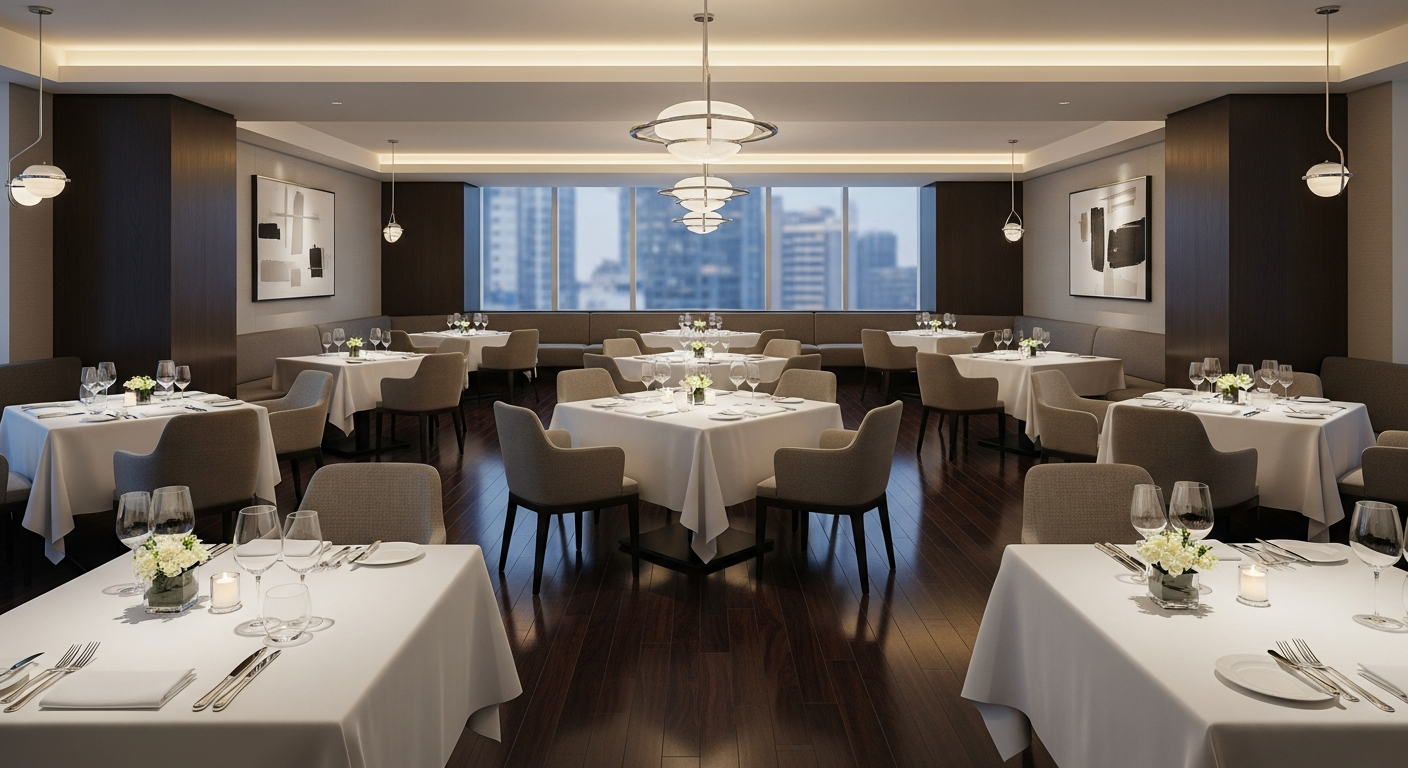 Luxury modern restaurant dining area with pristine tables