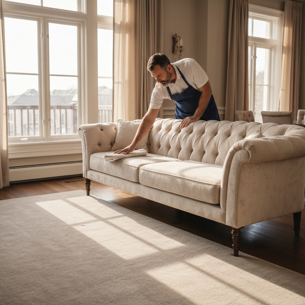 Professional cleaner wiping sofa