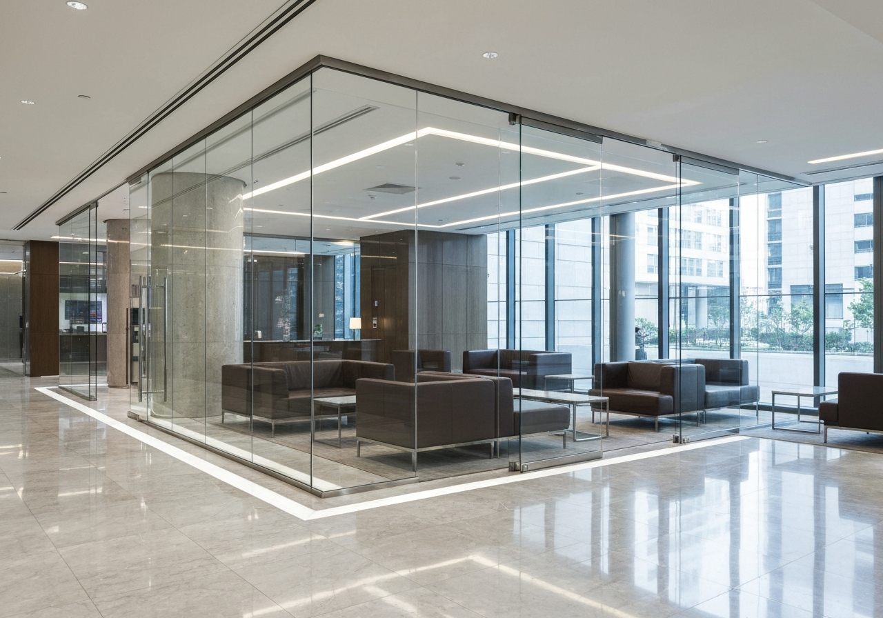 Pristine bank lobby and glass partitions