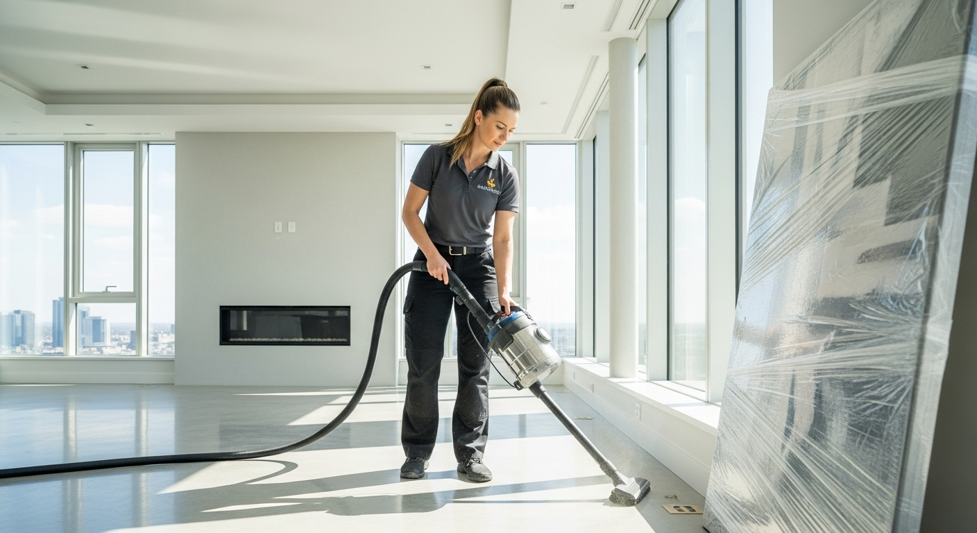 Professional cleaner performing final dust removal in a luxury newly constructed living room