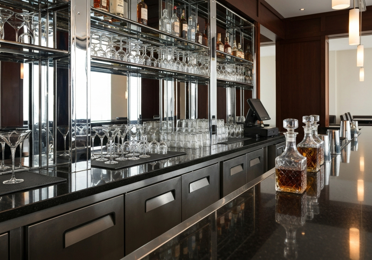 Pristine restaurant bar area with gleaming surfaces