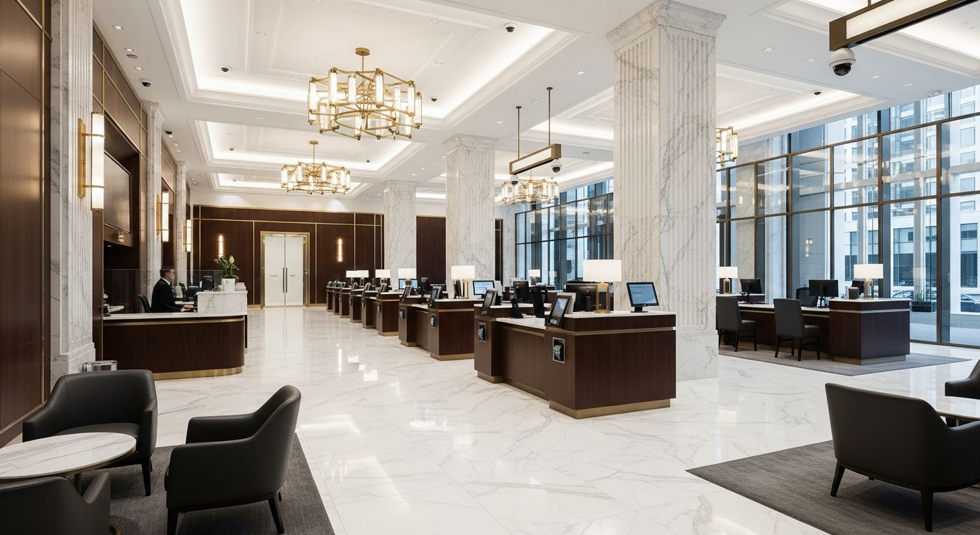 Luxury modern bank interior with polished floors
