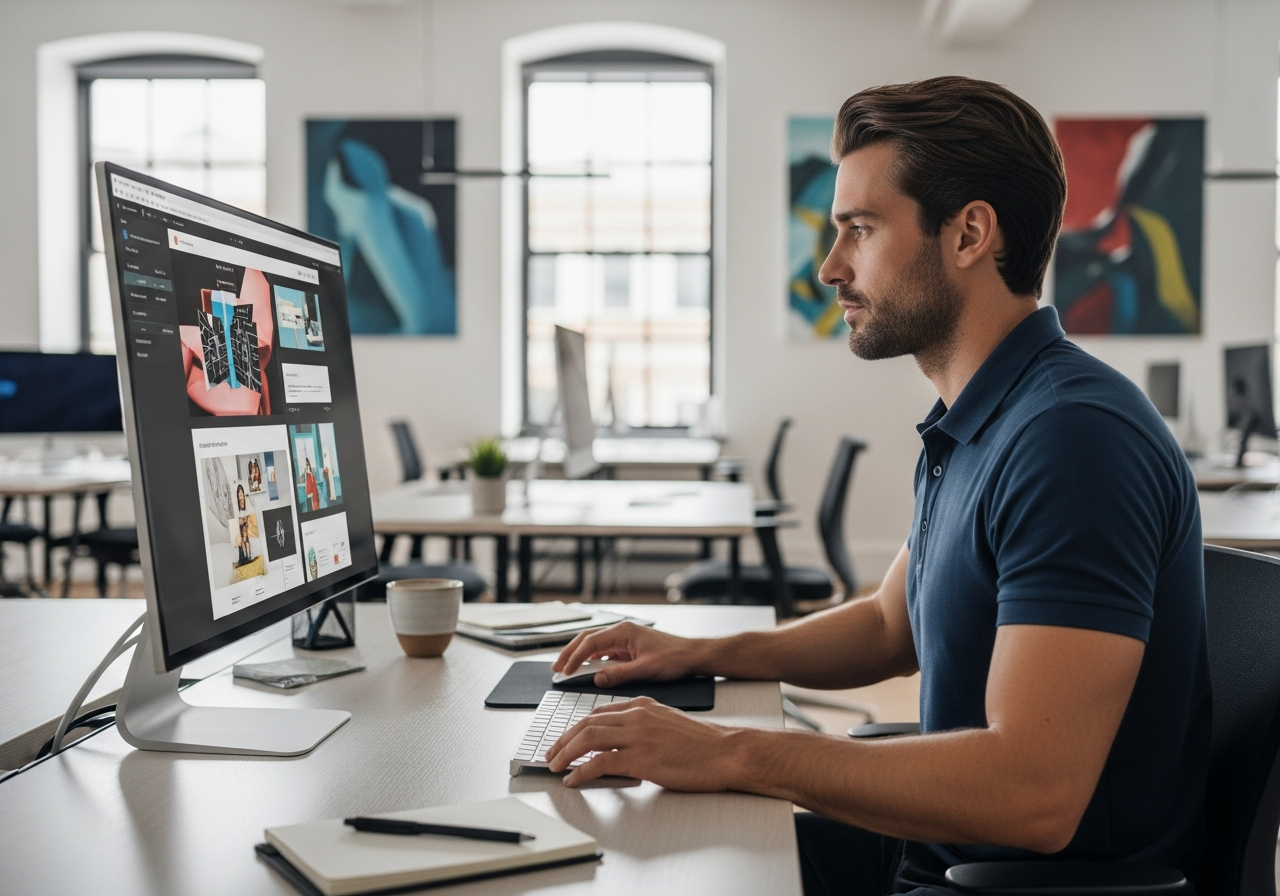 RocketBase tech team member working on a website at an agency desk
