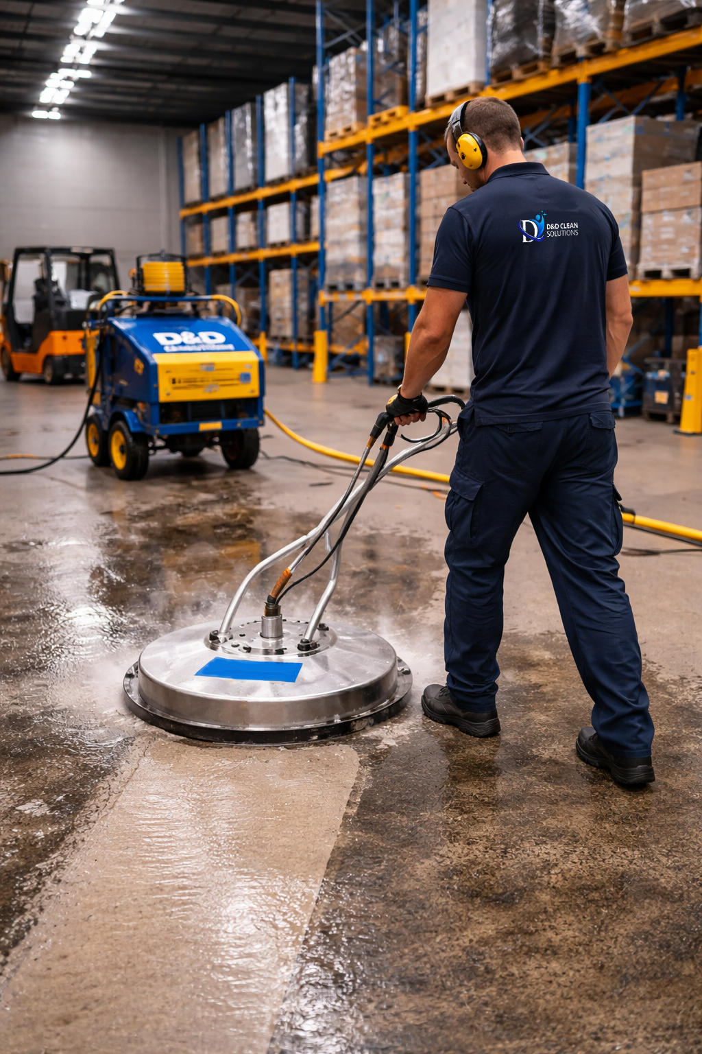 Professional commercial hot pressure washing in action — restoring warehouse floors