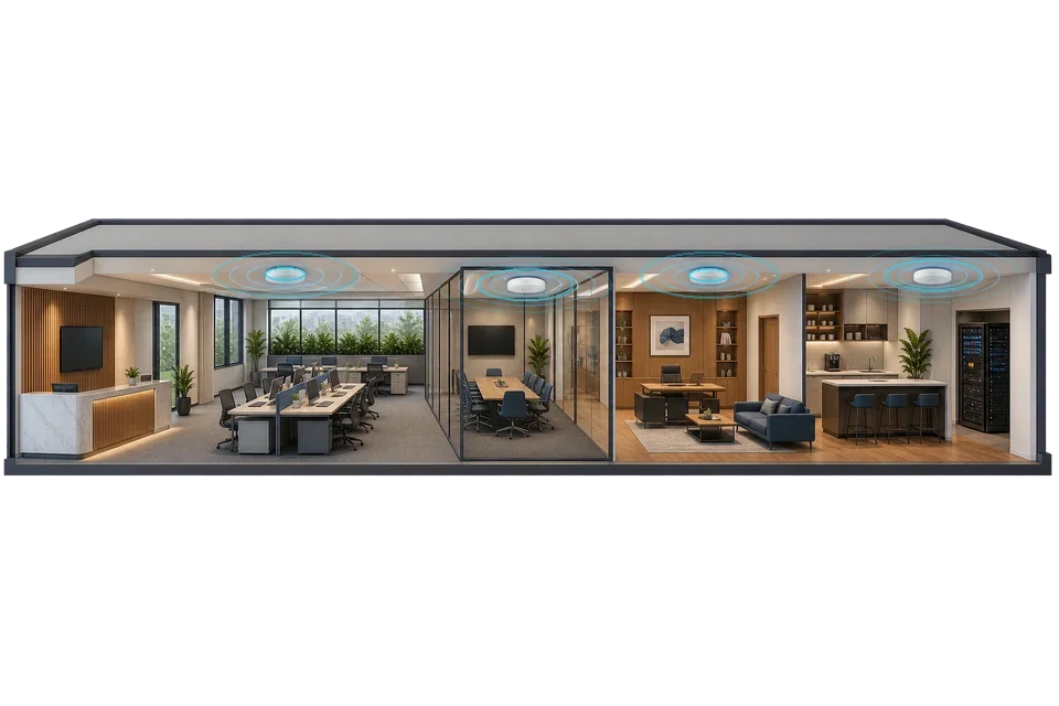 Office cross-section showing Wi-Fi Access Points coverage across multiple rooms
