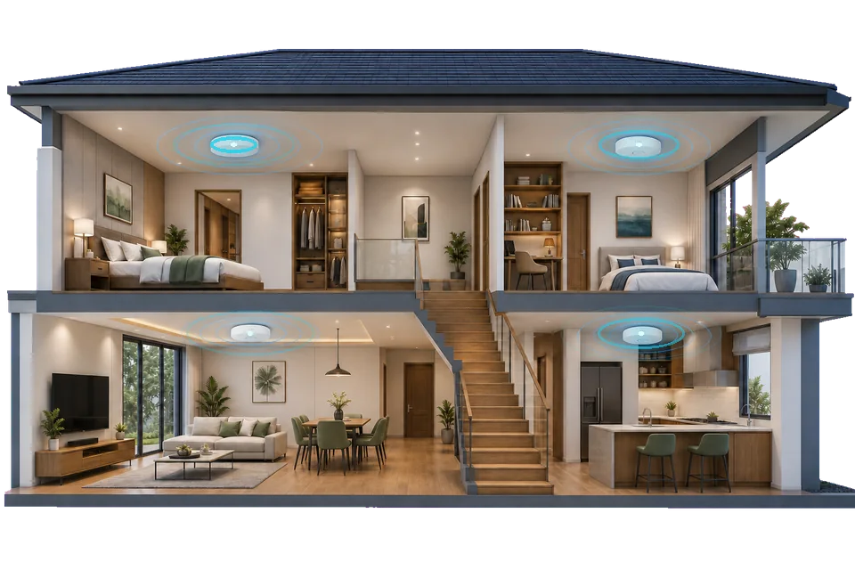 House cross-section showing Wi-Fi Access Points coverage across multiple rooms