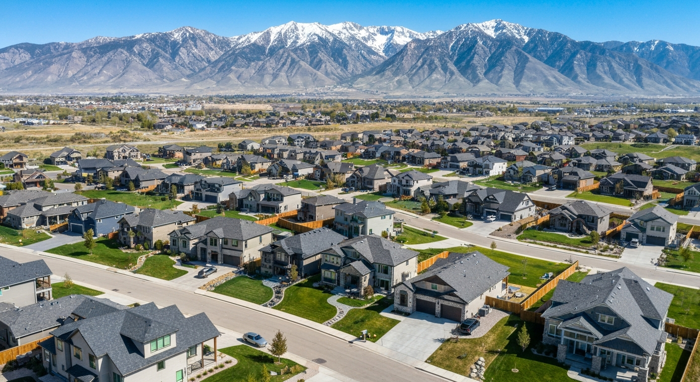 Beautiful suburban neighborhood in Salt Lake County Utah with mountains in the background