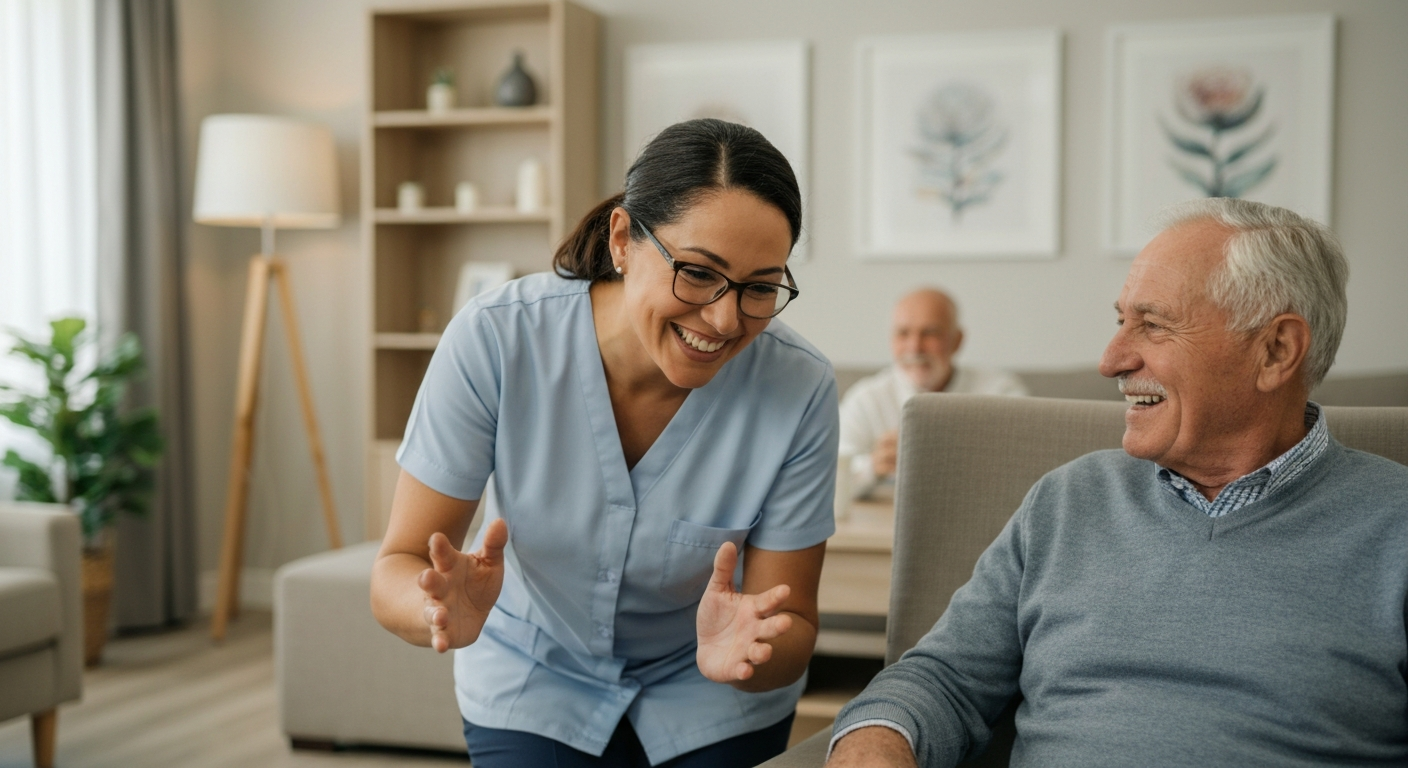 Assisted living staff helping a resident