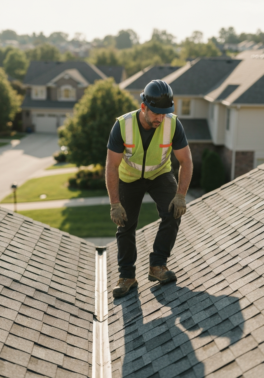 Professional roofer inspecting a roof