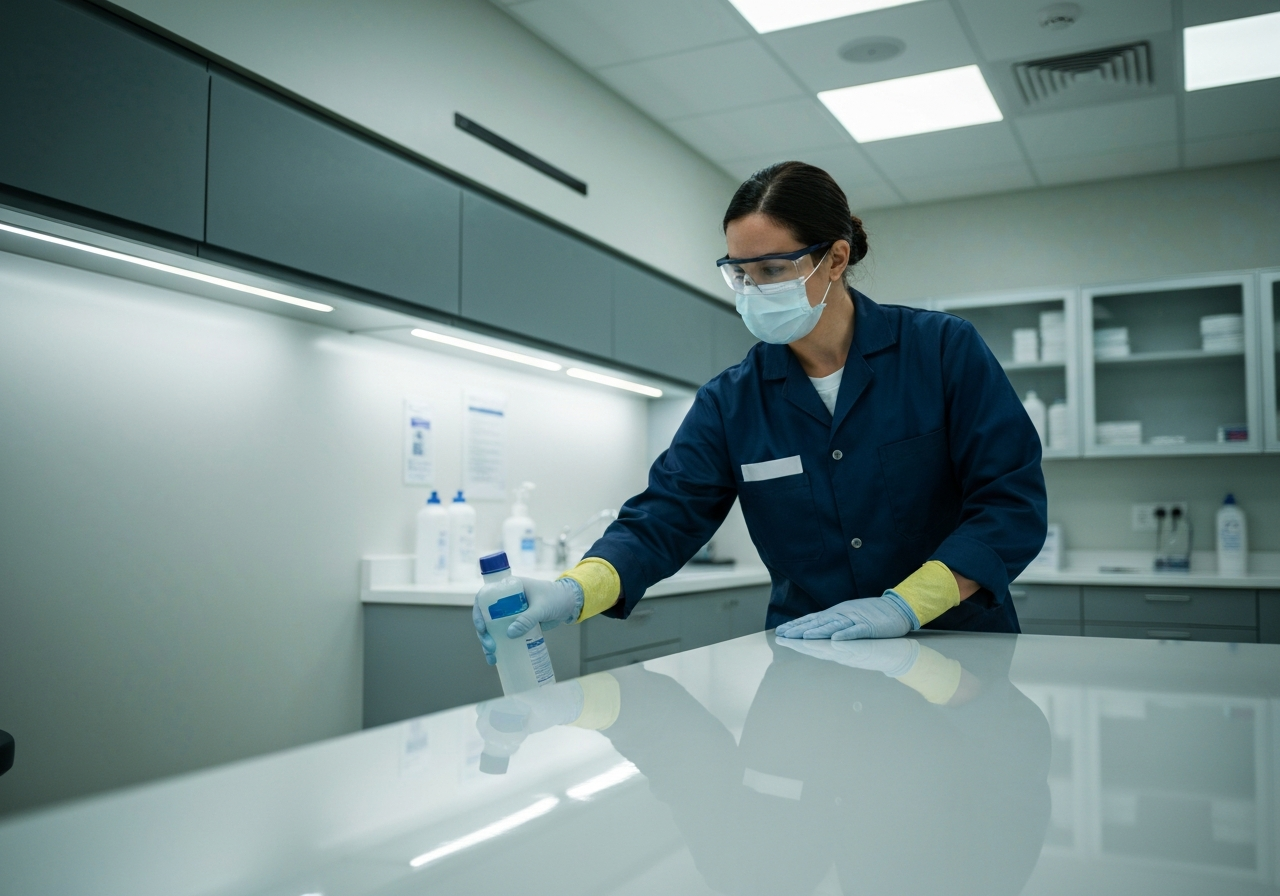 Professional cleaner sanitising high-touch surface