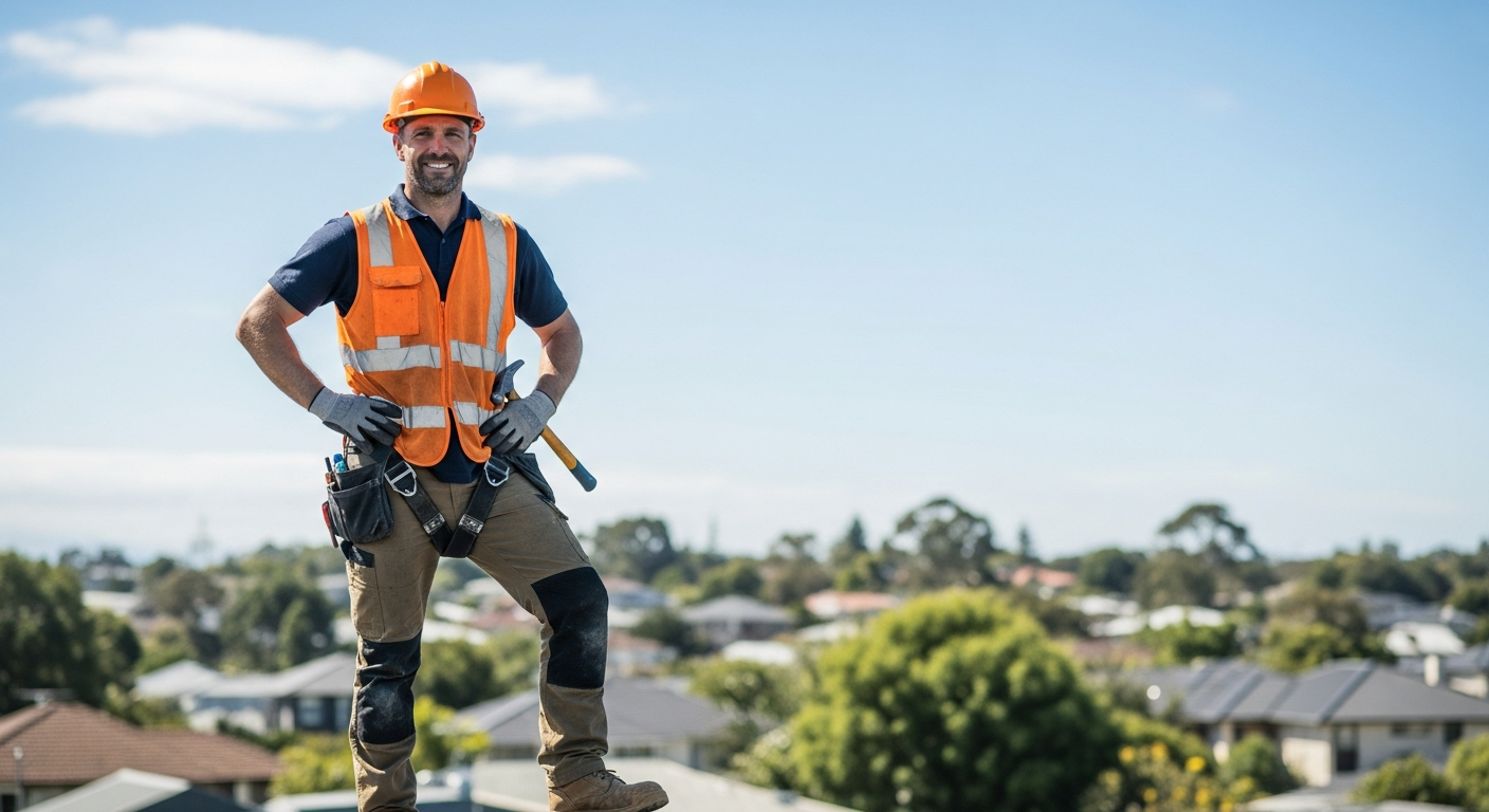Professional roofer on rooftop