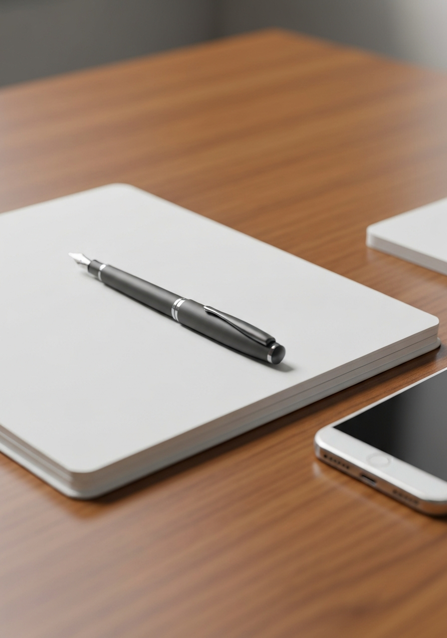 Detail van notitieboek en smartphone op een houten bureau
