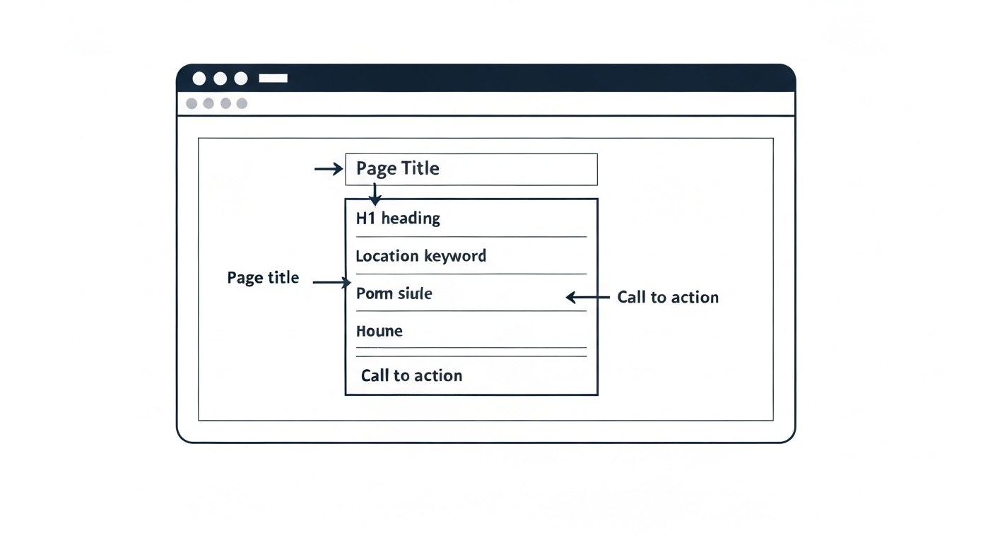 Website page title and headings illustrating local SEO keywords and call to action.