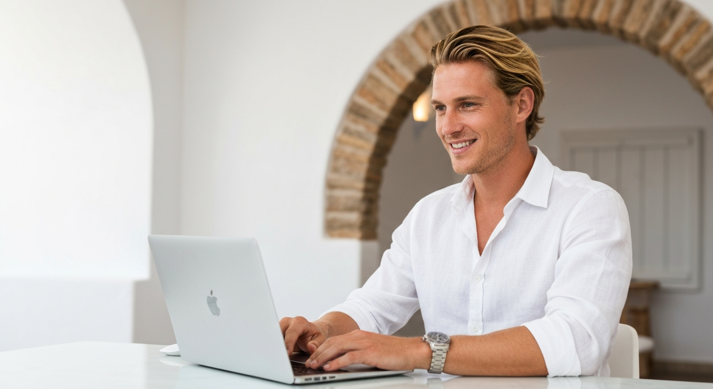 Javea business owner using a laptop to manage enquiries from their new website