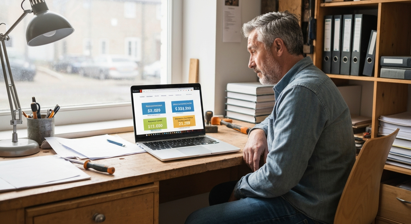 Man analyzing website costs on laptop in home office setting