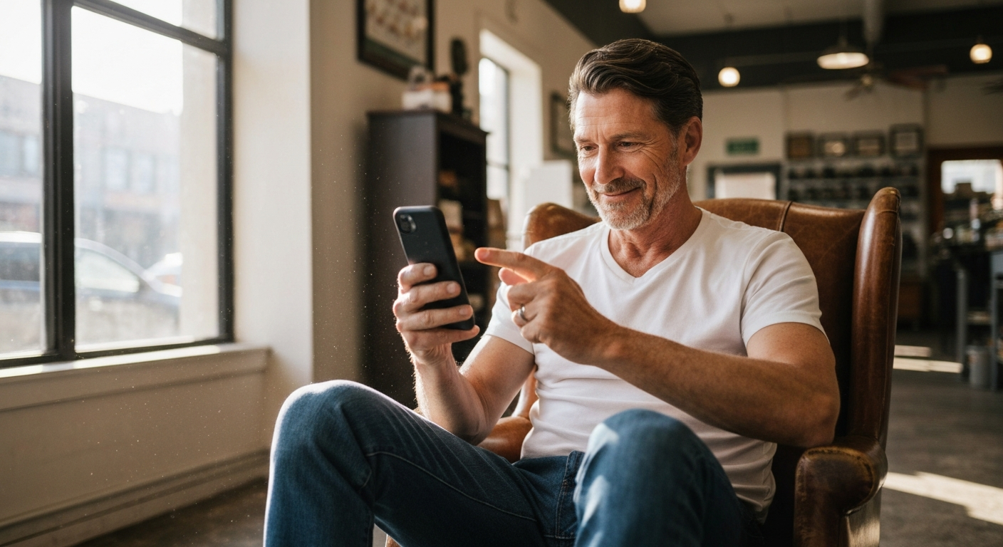 Man using smartphone illustrating local business SEO and website functionality.