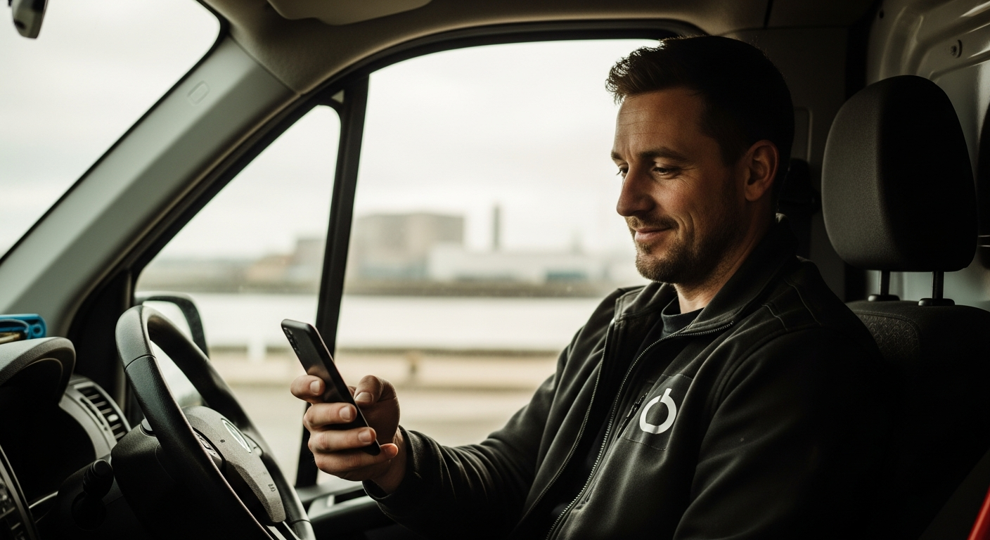Blyth business owner sitting in his van by the Riverside Business Park, managing enquiries on his smartphone