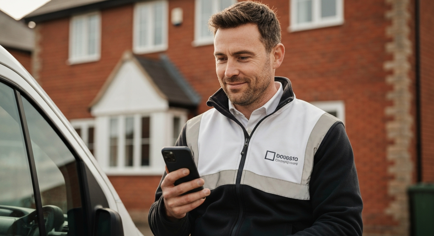 Northumberland business owner sitting in his van outside a red-brick home, managing enquiries on his smartphone