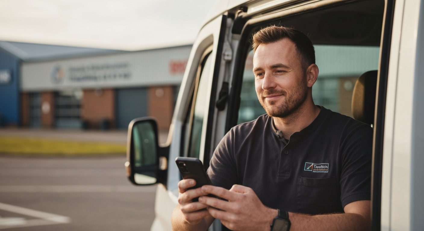 Newcastle business owner sitting in his van parked near Team Valley Trading Estate, managing enquiries on his smartphone