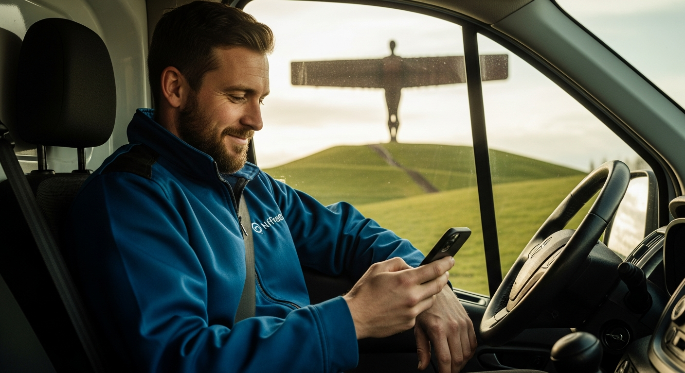 North East business owner using a phone to manage enquiries from their new website, with the Angel of the North in the background
