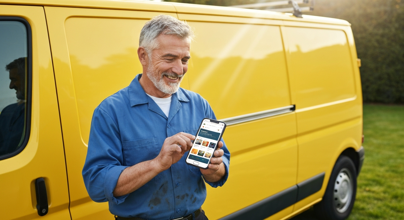 A happy local plumber or electrician standing by their van, looking at their new professional website on their smartphone and smiling