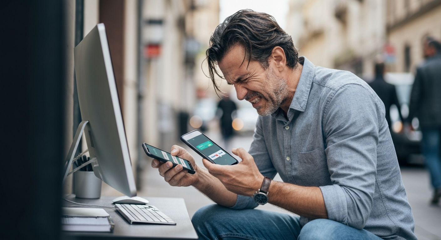 Local business owner juggling messages across five different apps - WhatsApp email Facebook voicemail