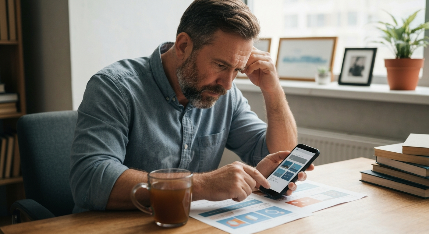 Local business owner sitting at a desk with a cup of tea, looking stressed while reviewing a web design quote on their phone